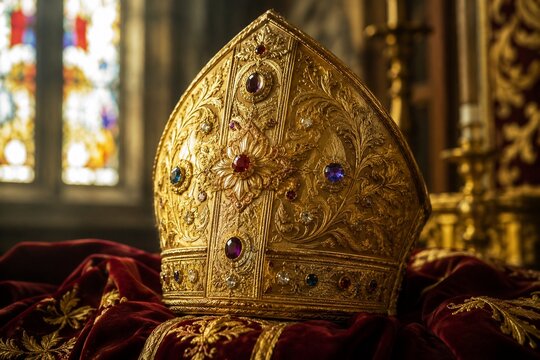 Ornate golden bishop's mitre with gemstones on velvet in cathedral light.