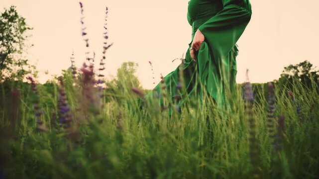 unrecognizable silhouette woman walking in high grass green meadow sage flowers sky, mystery fantasy person herbalist. Victorian dress old style medieval lady. Mystery person sexy gothic elf girl.