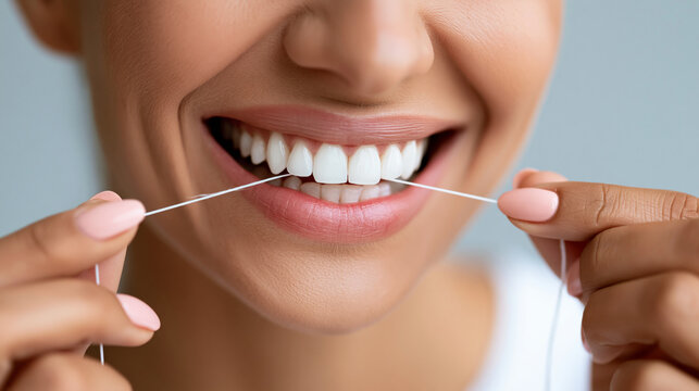 Person flossing carefully for complete oral hygiene, preventive dental care, healthy teeth maintenance, with copy space