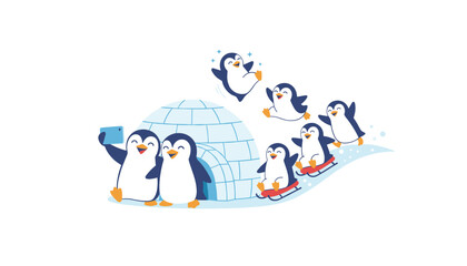 Fototapeta premium Group of cute playful penguins having fun in the snow, sliding down a hill, and taking a selfie near their blue igloo.