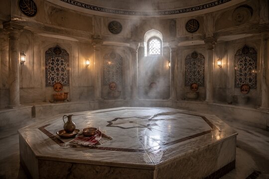 Interior of a traditional Turkish hammam with a central marble platform.