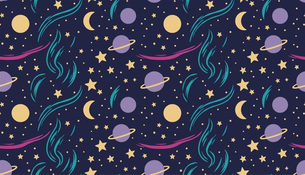 Seamless cosmic space pattern with purple planets, yellow stars, crescent moons, and colorful galaxy waves on dark.