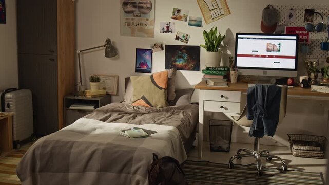No people shot of empty student dorm room featuring neatly made bed, study desk with computer monitor, and textbooks. Ideal for back-to-school marketing campaigns and student housing advertisements