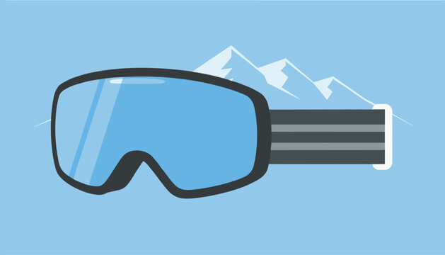 Blue ski and snowboard goggles with a black strap positioned in front of a snow covered mountain peak backdrop.