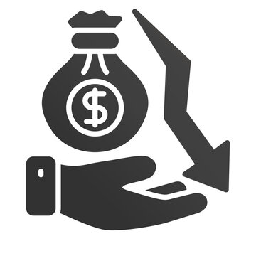 Minimalist black icon showing a hand holding a money bag with a downward pointing arrow representing financial loss or economic decline on a white background