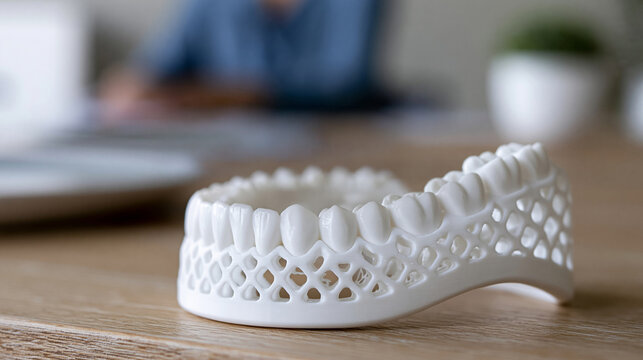 3D printed dental model used for prosthetic planning, digital dentistry, dental technician workflow, with copy space