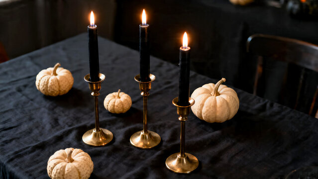 Elegant Halloween table setting with black candles and beige pumpkins