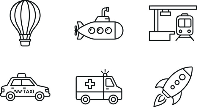 Vehicle line vector icon set with balloon submarine train taxi ambulance and rocket on transparent background