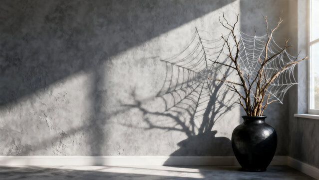Creepy bare branches in black vase casting shadow on wall