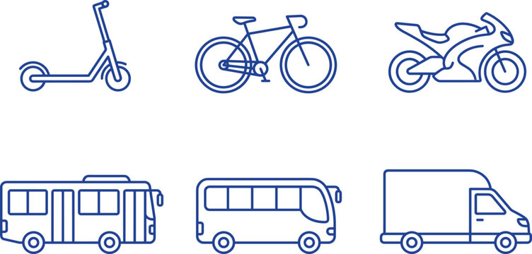 Urban transport line vector icon set with kick scooter bicycle motorcycle city bus minibus and commercial van