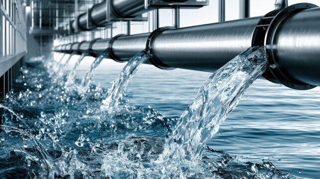 Industrial water pipe system discharging water in treatment facility