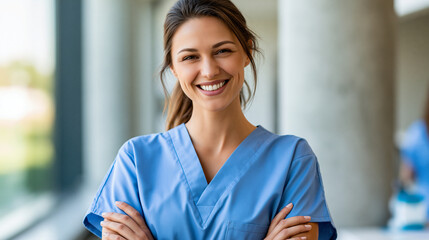 Fototapeta premium Smiling dental assistant in blue scrubs standing in a modern clinic, dental office staff, professional healthcare team, with copy space