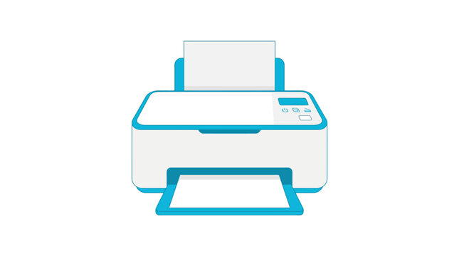 Minimalist vector icon of a white digital printer with blue accents for office and home use