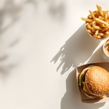 Fresh cheeseburger and french fries with harsh sun shadows