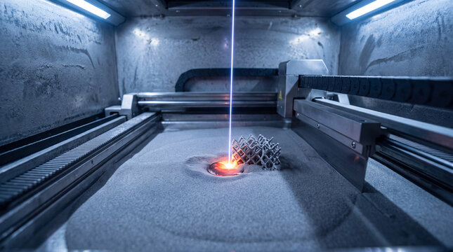 Industrial metal 3D printer laser sintering a complex part mid build