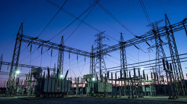High voltage electrical substation and transmission towers at blue hour dusk