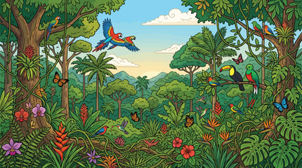 Fototapeta premium Lush Tropical Rainforest Landscape with Exotic Birds Macaws Toucan Colorful Flowers and Dense Green Jungle Vegetation