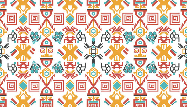 Colorful seamless repeating pattern featuring traditional indigenous geometric shapes, symbols, and warm earth tones.