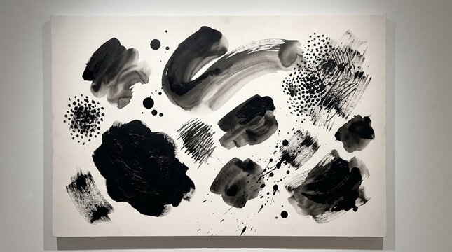 Minimalist black ink brush strokes and artistic paint splatters on a clean white canvas, showcasing expressive gestural art for interior.