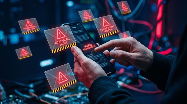 Spam email. Phishing and scam mails. Smartphone and warning triangle icons. Man tapping smartphone screen.