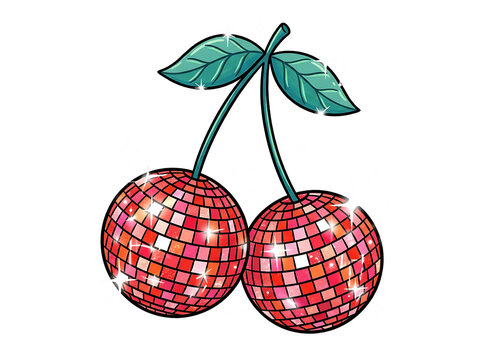 Sparkling Red Disco Ball Cherry Illustration Isolated on a transparent Background for Retro Party Decor