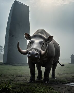 A babirusa pig hybrid fictional species, digitally created animal,  in a floating monolith field
