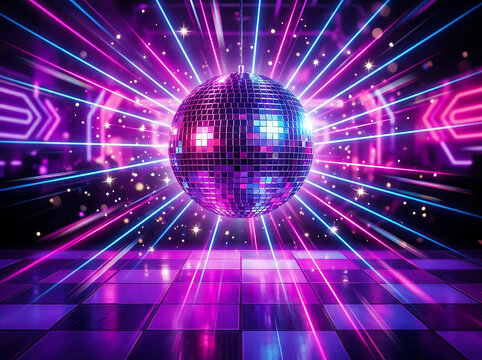 Reflecting Light from a Rotating Disco Ball in a Vibrant Nightclub Setting with Neon Laser Effects