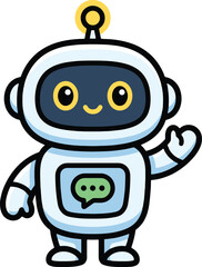Fototapeta premium Cute AI chatbot character vector illustration, friendly robot assistant with speech bubble icon on screen waving hand, artificial intelligence customer support concept