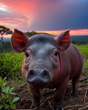 A babirusa piglet  pig hybrid fictional species, digitally created animal, in a crimson sky plateau