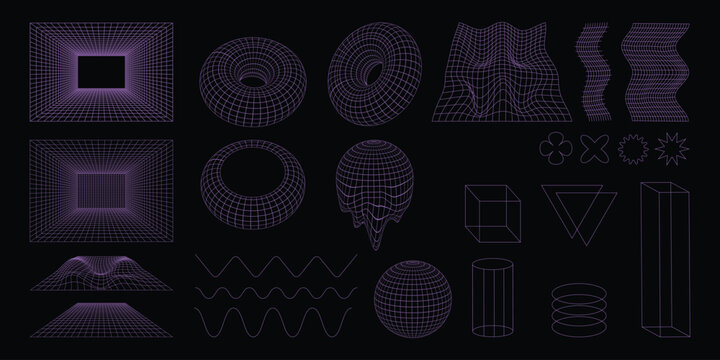 3D wireframe geometric grid shapes set. Cyberpunk vector illustration of retro futuristic grid tunnel, sphere, torus, cube and wave frames on dark neon purple synthwave background.