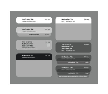 Smartphone push notification card user interface vector template. Minimalist mobile phone system message pop up alert mockup set in light and dark mode theme isolated on grey background.