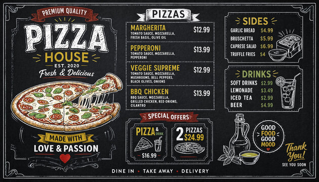 Hand Drawing Chalkboard Pizza Menu with Toppings and Ingredients Close Up
