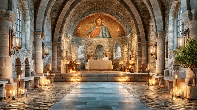 Serene Interior of a Medieval Romanesque Abbey Church with Apse and Mosaic