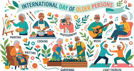 Fototapeta premium Celebrating International Day of Older Persons with active seniors enjoying hobbies, senior healthcare awareness