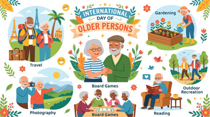 Fototapeta premium Celebrating International Day of Older Persons with active seniors enjoying travel, gardening, and board games