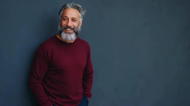 Bearded man smiling while leaning on dark gray wall background