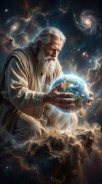 Cosmic creator manifestation: divine concept, God create, planet form, living world, space nebula, universe design, spirit power, sacred order.