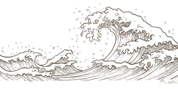 Hand drawn ocean waves sketch vintage engraving style crashing sea surf nature landscape graphic vector illustration.