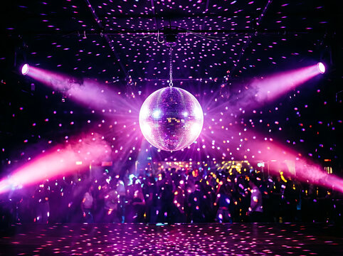 Reflecting light from a spinning disco ball in a dark nightclub with vibrant purple laser beams
