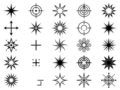Collection of Black Star Shapes and Crosshair Icons Isolated on transparent Background for Graphic Design