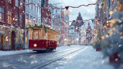 Obraz premium Festive Christmas Tram Traveling Through Snowy European Street Scene