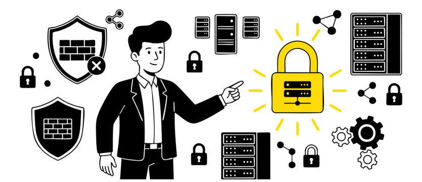 Cyber security database data protection specialist pointing to secure server padlock. IT network administrator safety system shield icon. Vector illustration concept for cloud computing shield login.