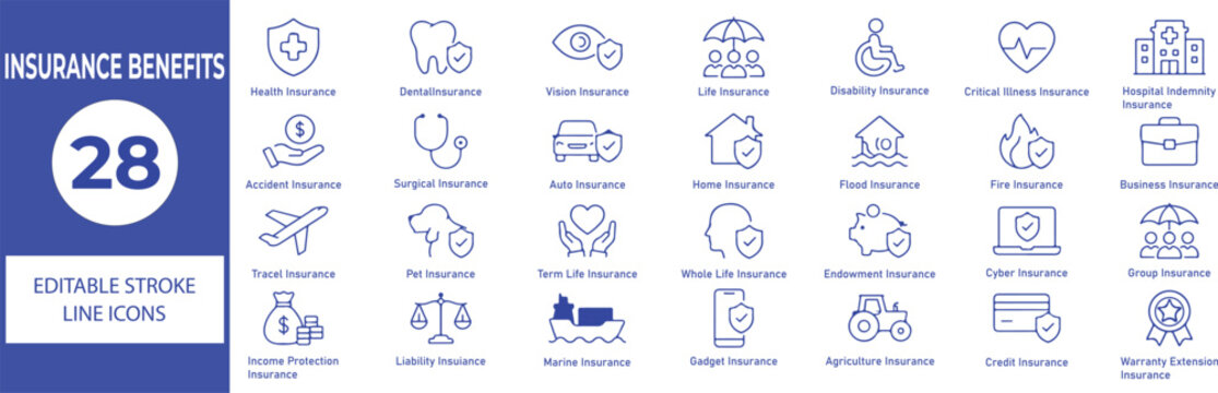 Insurance Benefits Vector Outline Icons Set &ndash; Health, Life, Auto, Home and Business Insurance Line Symbols Collection