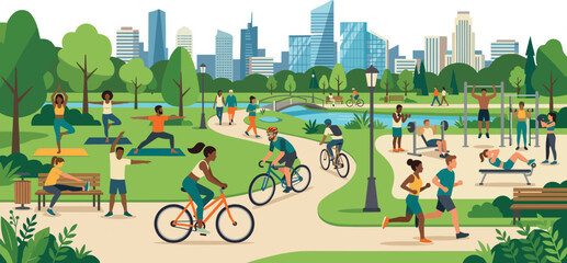 Naklejka premium People Doing Fitness Activities and Exercising in City Park with Modern Downtown Skyline Background Vector Illustration Concept
