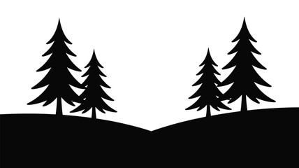 Obraz premium Minimal Winter Landscape Vector Illustration with Black Silhouette Pine Trees on Snowy Hills for Christmas Backgrounds, Seasonal Cards, and Holiday Decorations Design