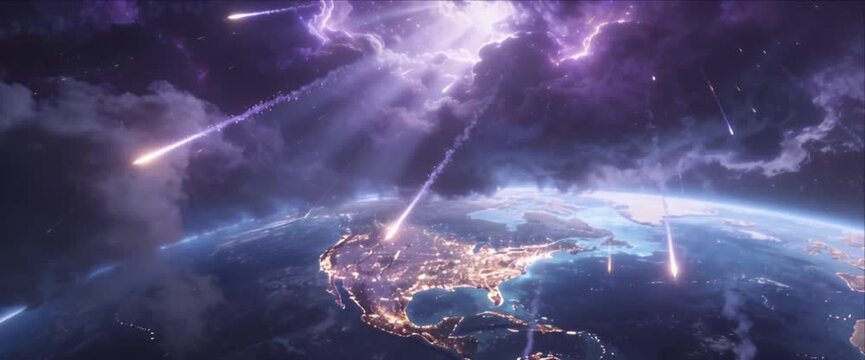 Space planet earth night sky light fantasy storm beam explosion cosmic energy glow meteor galaxy atmosphere dramatic cloud universe future science fiction art wonder awe adventure surreal digital