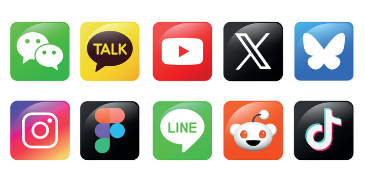 A set of square-shaped app and social media icons with a mirrored glass surface effect. Kakao talk, Line, WeChat, YouTube, Figma, X, Reddit, Instagram, TikTok, BlueSky
