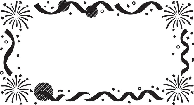 Black and white vector illustration of a festive frame with fireworks and ribbons for celebration and party decoration design elements