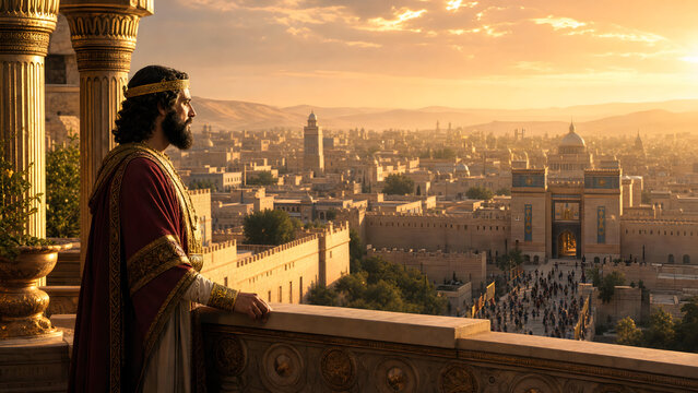 Ancient biblical king overlooking his vast golden city at sunset, royal ruler on palace balcony