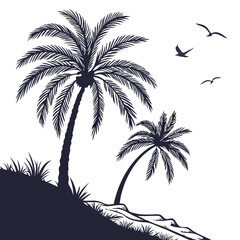 Fototapeta premium Black silhouette of tropical palm trees against white background